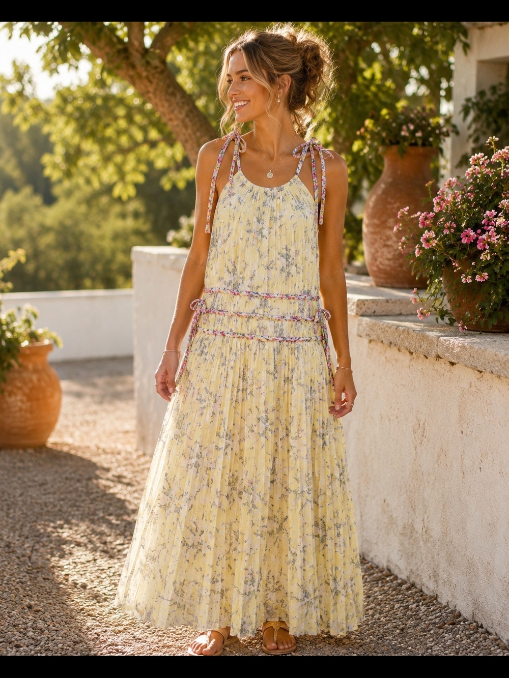 Rebecca Taylor Lemon Rose Pleated Goddess Floral Maxi Dress Size 6 Silk Trim